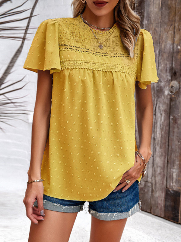 Blouses- Short Flounce Sleeves Blouse - Flowy Swiss Dot Top with Smocked Accents- - Pekosa Women Clothing