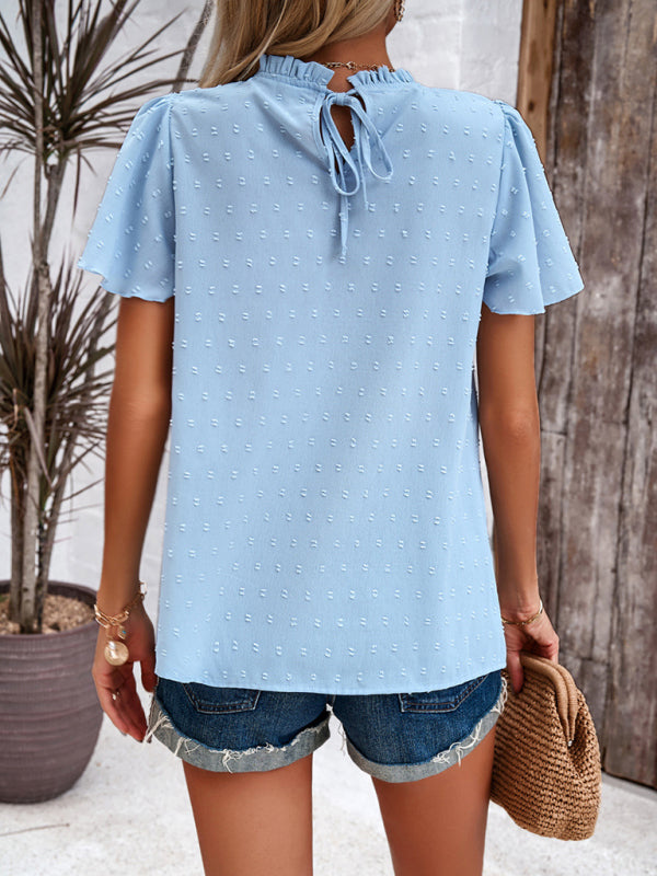 Blouses- Short Flounce Sleeves Blouse - Flowy Swiss Dot Top with Smocked Accents- - Pekosa Women Clothing