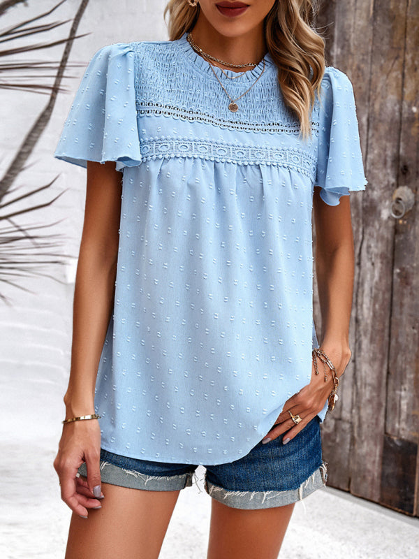 Blouses- Short Flounce Sleeves Blouse - Flowy Swiss Dot Top with Smocked Accents- - Pekosa Women Clothing