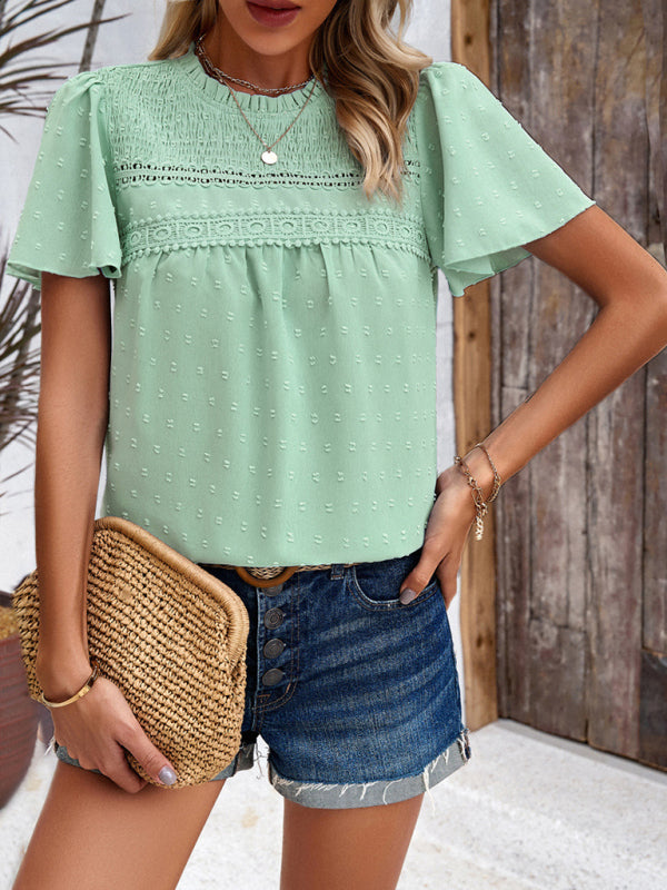 Blouses- Short Flounce Sleeves Blouse - Flowy Swiss Dot Top with Smocked Accents- - Pekosa Women Clothing