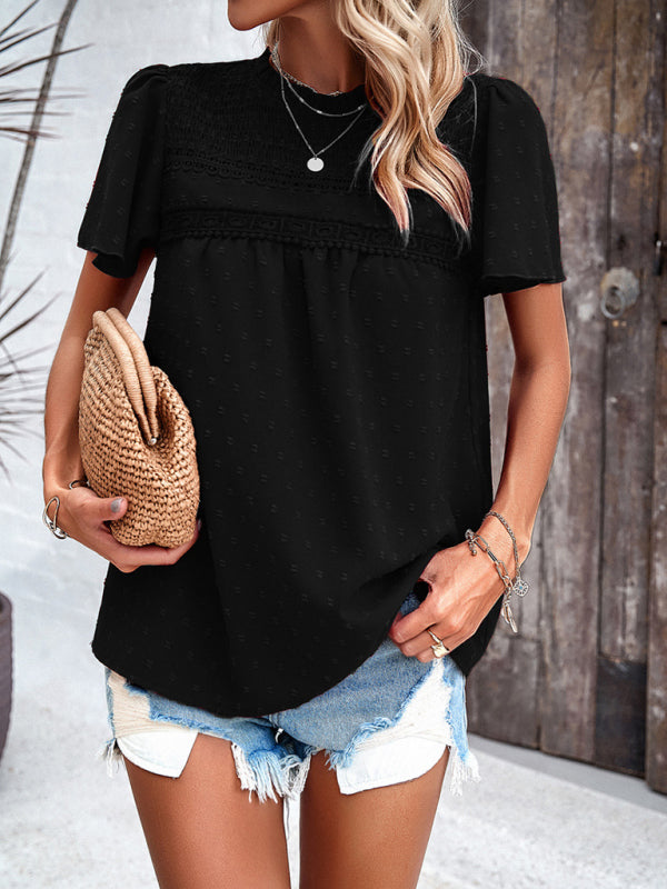 Blouses- Short Flounce Sleeves Blouse - Flowy Swiss Dot Top with Smocked Accents- - Pekosa Women Clothing