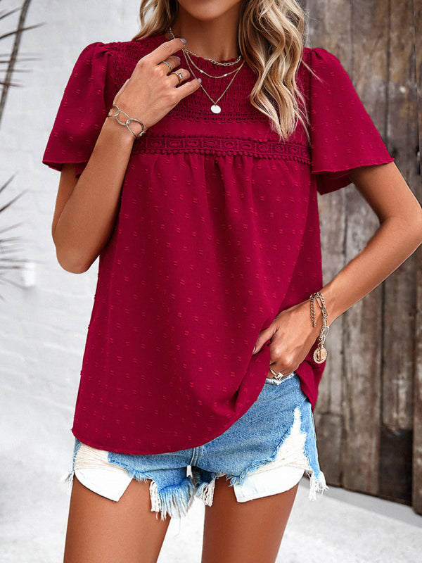 Blouses- Short Flounce Sleeves Blouse - Flowy Swiss Dot Top with Smocked Accents- - Pekosa Women Clothing