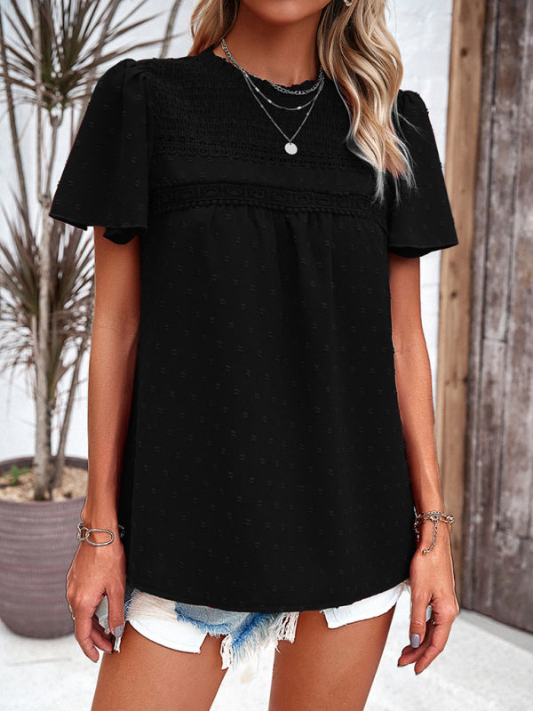 Blouses- Short Flounce Sleeves Blouse - Flowy Swiss Dot Top with Smocked Accents- - Pekosa Women Clothing