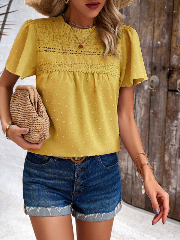 Blouses- Short Flounce Sleeves Blouse - Flowy Swiss Dot Top with Smocked Accents- - Pekosa Women Clothing