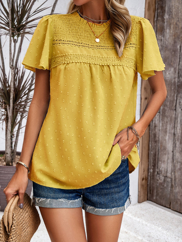 Blouses- Short Flounce Sleeves Blouse - Flowy Swiss Dot Top with Smocked Accents- - Pekosa Women Clothing