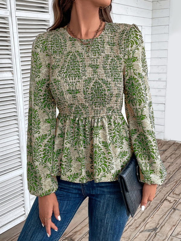 Blouses- Smocked Bodice Long Sleeve Blouse in Floral Print | Peplum Top- - Pekosa Women Clothing