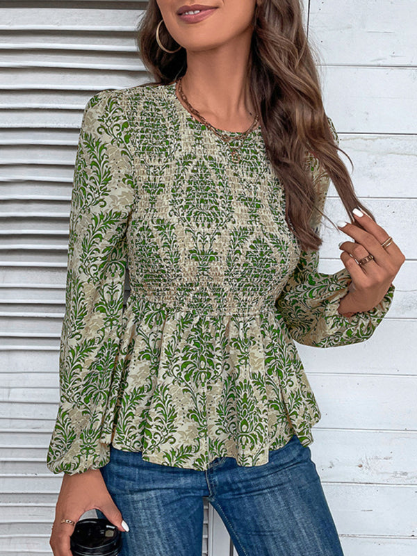 Blouses- Smocked Bodice Long Sleeve Blouse in Floral Print | Peplum Top- - Pekosa Women Clothing