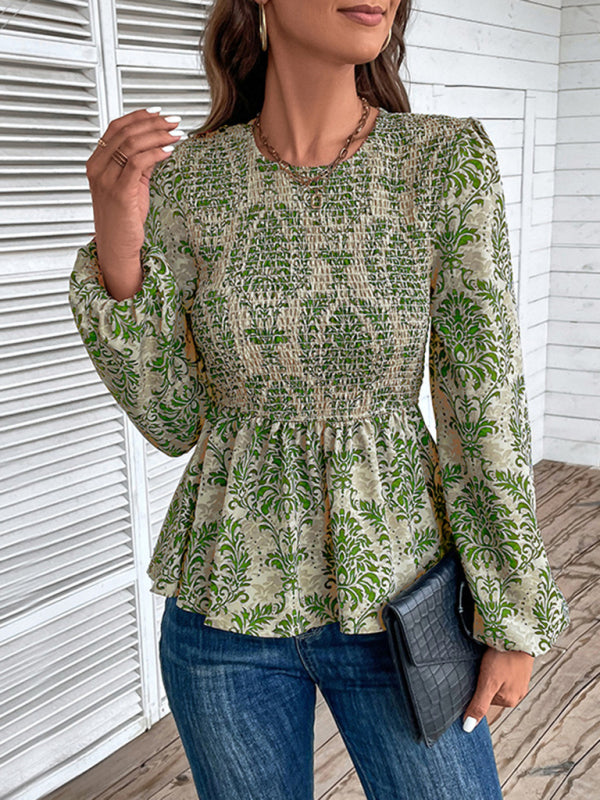 Blouses- Smocked Bodice Long Sleeve Blouse in Floral Print | Peplum Top- - Pekosa Women Clothing