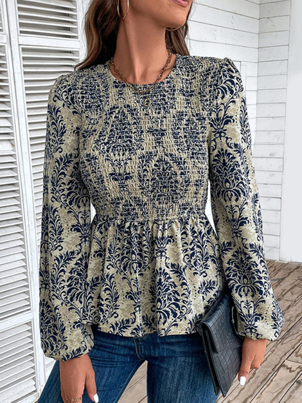 Blouses- Smocked Bodice Long Sleeve Blouse in Floral Print | Peplum Top- - Pekosa Women Clothing