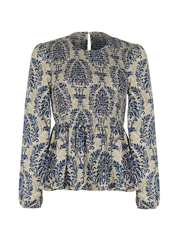 Blouses- Smocked Bodice Long Sleeve Blouse in Floral Print | Peplum Top- - Pekosa Women Clothing