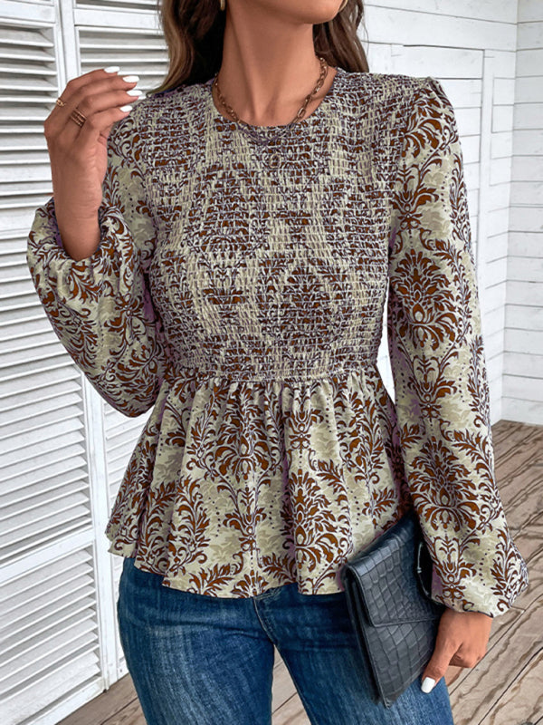 Blouses- Smocked Bodice Long Sleeve Blouse in Floral Print | Peplum Top- - Pekosa Women Clothing