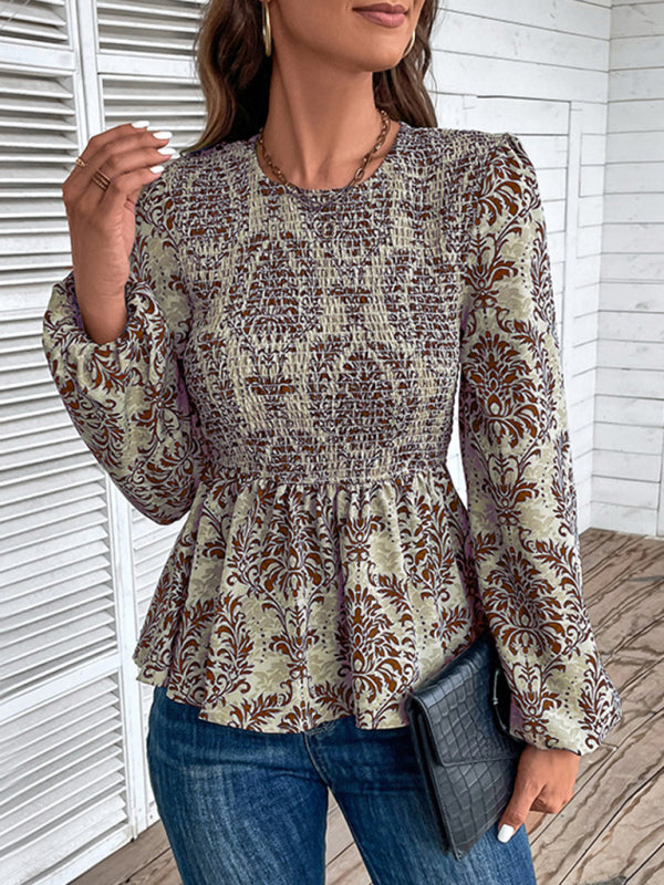 Blouses- Smocked Bodice Long Sleeve Blouse in Floral Print | Peplum Top- Coffee- Pekosa Women Clothing