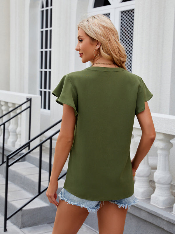 Blouses- Solid Color Blouse | V-Neck & Flounce Sleeves Top- - Pekosa Women Clothing