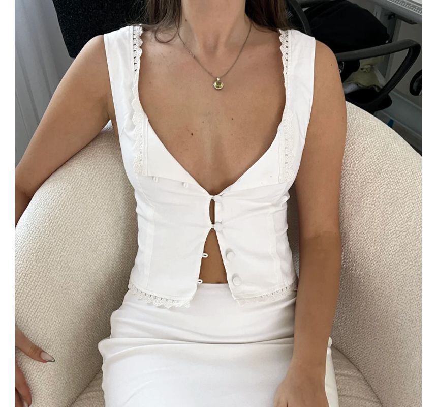 Blouses- Summer Button-Up Blouse | Guipure Lace Accents Scoop Neck Top- - Pekosa Women Clothing