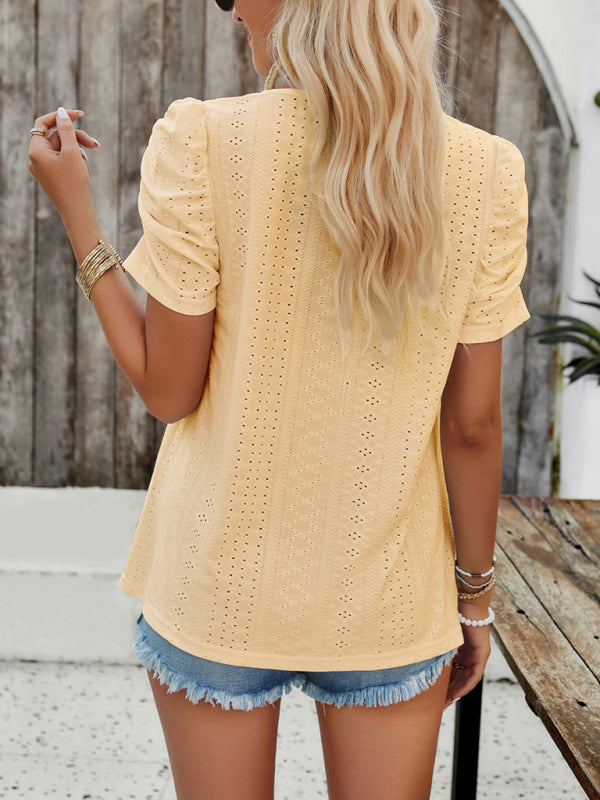 Blouses- Summer Square Neck Eyelet Top with Short Puff Sleeves- - Pekosa Women Clothing