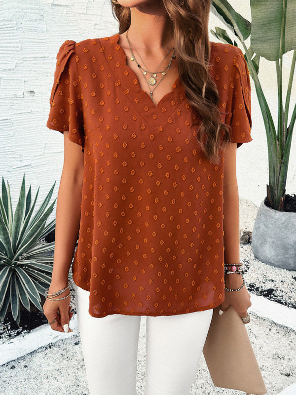 Blouses- Swiss Dot V-Neck Blouse - Short Petal Sleeve Top- - Pekosa Women Clothing