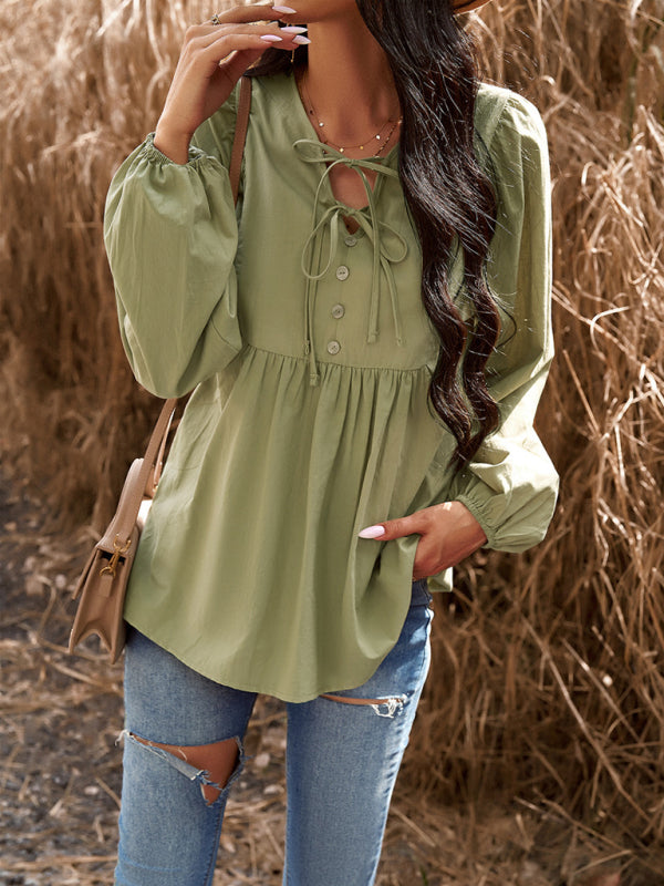 Blouses- Textured Cotton Lantern Sleeve V-Neck Peplum Blouse- - Pekosa Women Clothing