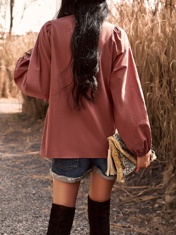 Blouses- Textured Cotton Lantern Sleeve V-Neck Peplum Blouse- - Pekosa Women Clothing