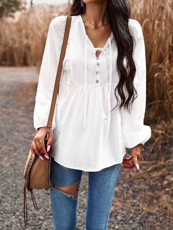 Blouses- Textured Cotton Lantern Sleeve V-Neck Peplum Blouse- - Pekosa Women Clothing