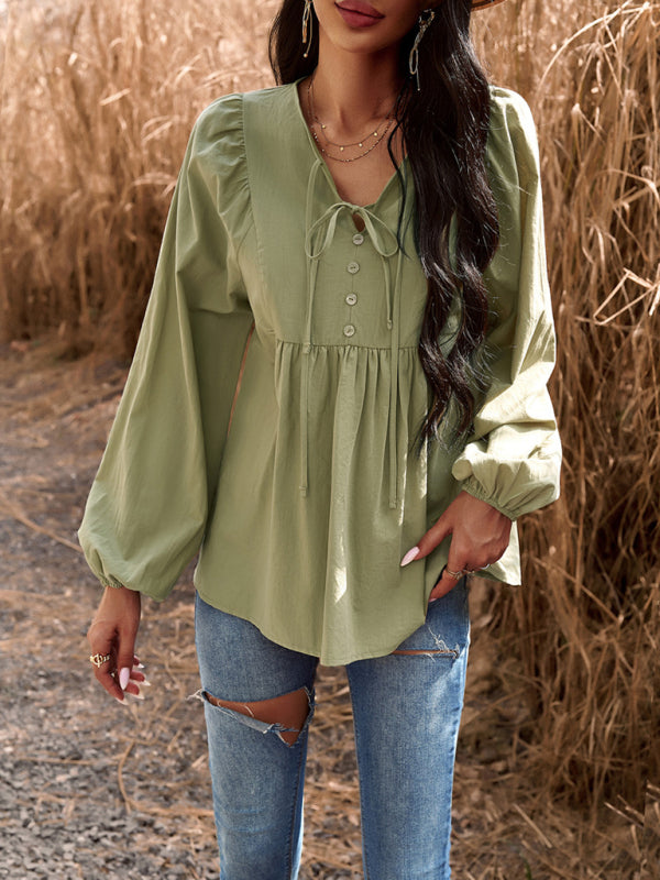 Blouses- Textured Cotton Lantern Sleeve V-Neck Peplum Blouse- - Pekosa Women Clothing