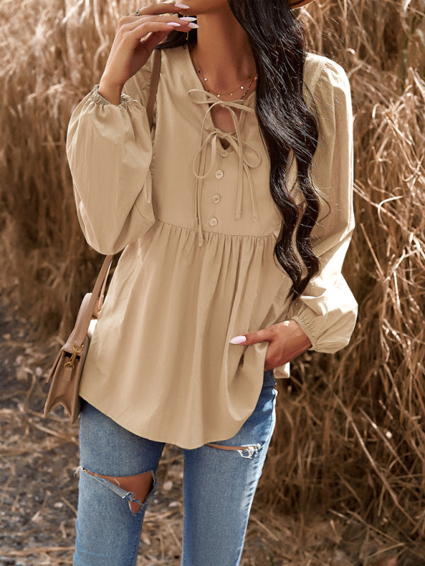 Blouses- Textured Cotton Lantern Sleeve V-Neck Peplum Blouse- - Pekosa Women Clothing