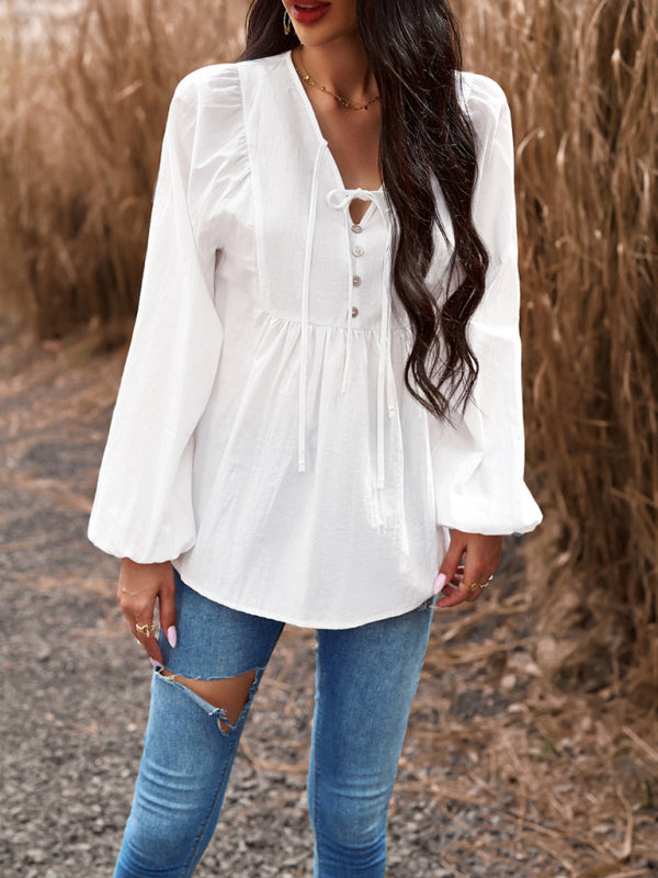 Blouses- Textured Cotton Lantern Sleeve V-Neck Peplum Blouse- White- Pekosa Women Clothing