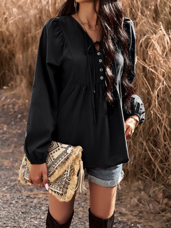Blouses- Textured Cotton Lantern Sleeve V-Neck Peplum Blouse- Black- Pekosa Women Clothing