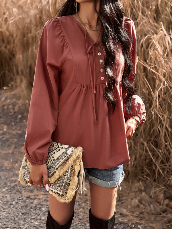 Blouses- Textured Cotton Lantern Sleeve V-Neck Peplum Blouse- Brown- Pekosa Women Clothing