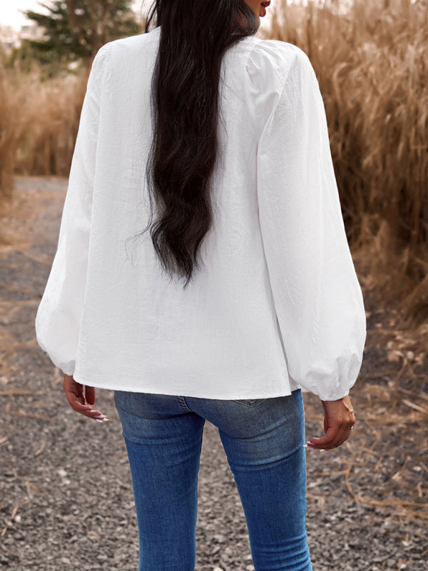 Blouses- Textured Cotton Lantern Sleeve V-Neck Peplum Blouse- - Pekosa Women Clothing