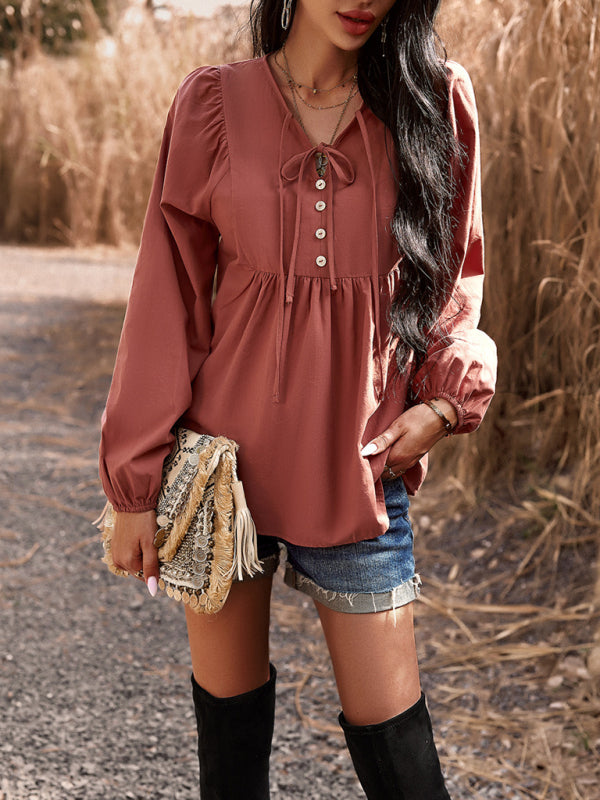 Blouses- Textured Cotton Lantern Sleeve V-Neck Peplum Blouse- - Pekosa Women Clothing