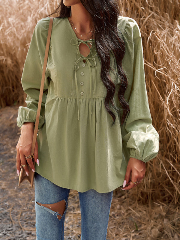 Blouses- Textured Cotton Lantern Sleeve V-Neck Peplum Blouse- Green- Pekosa Women Clothing