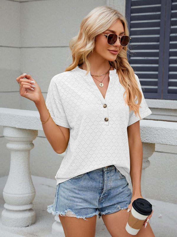 Blouses- Textured V-Neck Blouse - Short Sleeves with Half Button-Up T-shirt- - Pekosa Women Clothing