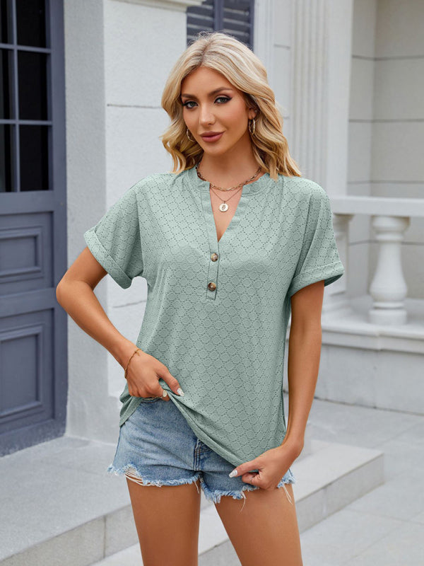 Blouses- Textured V-Neck Blouse - Short Sleeves with Half Button-Up T-shirt- - Pekosa Women Clothing