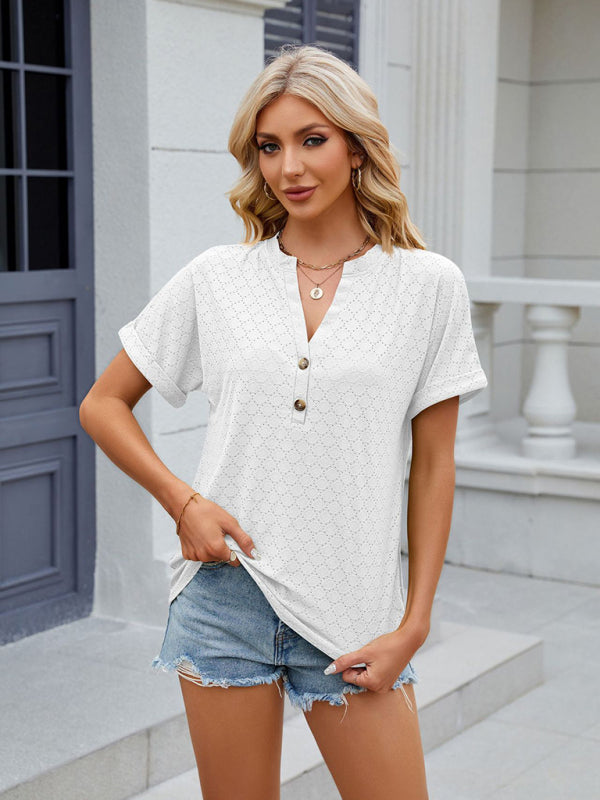 Blouses- Textured V-Neck Blouse - Short Sleeves with Half Button-Up T-shirt- - Pekosa Women Clothing