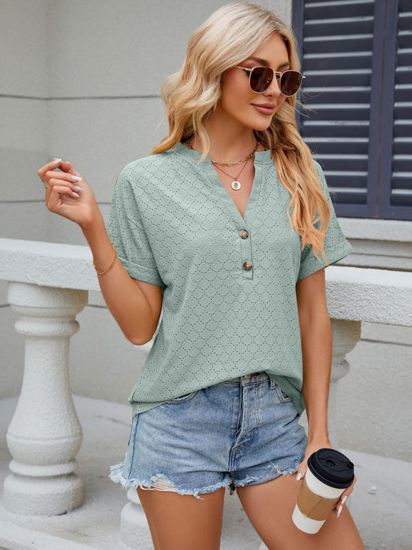 Blouses- Textured V-Neck Blouse - Short Sleeves with Half Button-Up T-shirt- - Pekosa Women Clothing