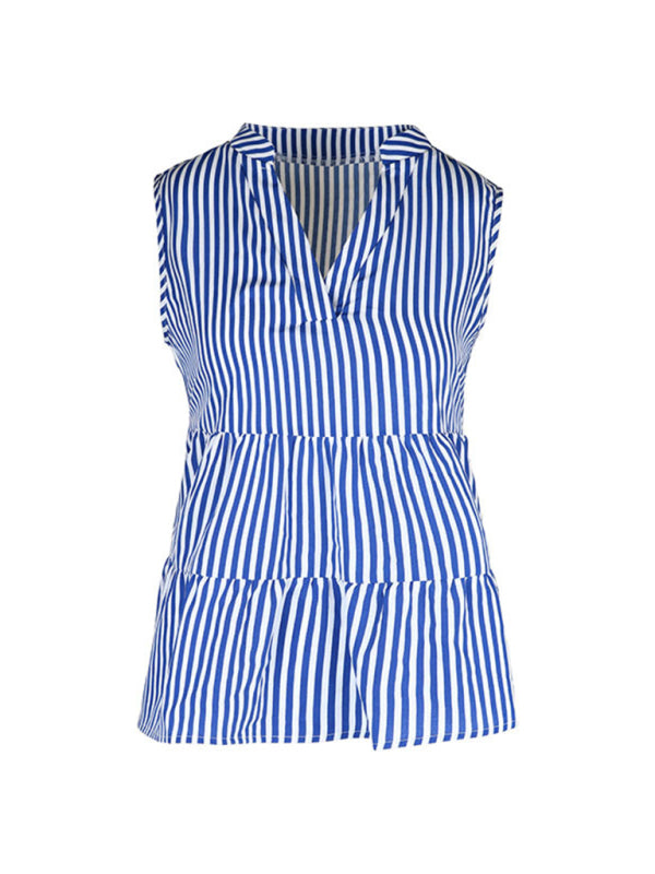 Blouses- Trendy Sleeveless Stripe Blouse: V Neck, Casual Tank Top- - Pekosa Women Clothing