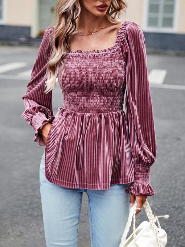 Blouses- Velvet Blouse with Dramatic Lantern Sleeves, Smocked & Ruffle Cuffs- - Pekosa Women Clothing