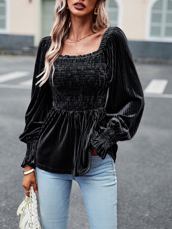 Blouses- Velvet Blouse with Dramatic Lantern Sleeves, Smocked & Ruffle Cuffs- - Pekosa Women Clothing