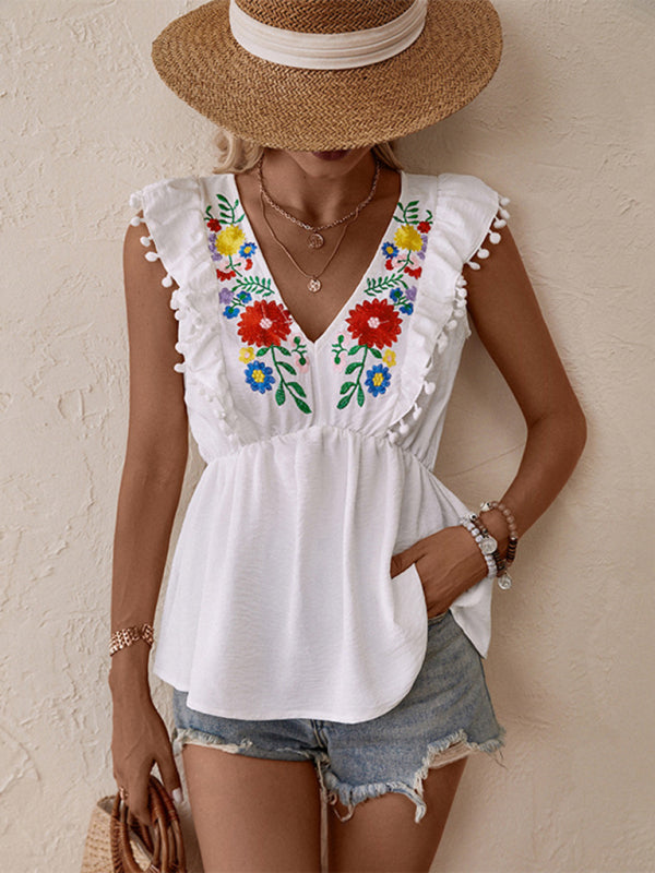 Blouses- Versatile Women's Peplum Blouse: Embroidered Panel & Ruffle Pompom Hem- - Pekosa Women Clothing