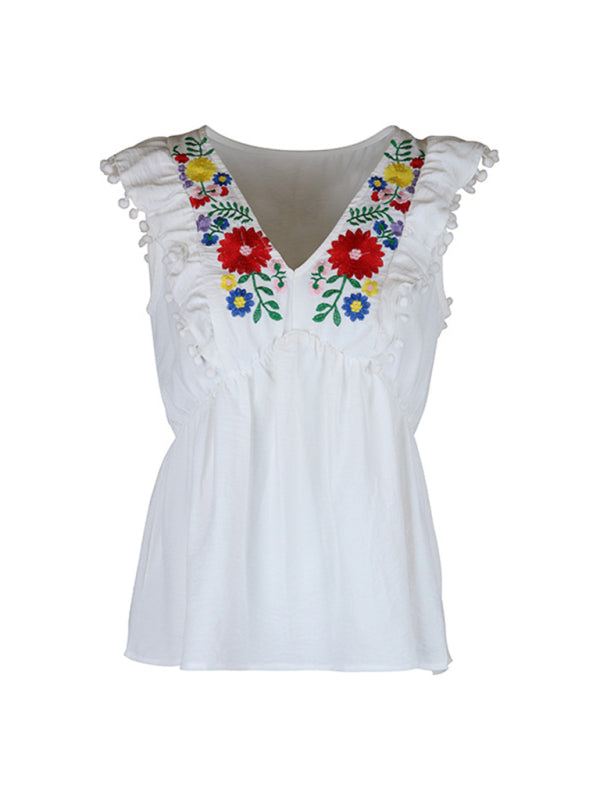 Blouses- Versatile Women's Peplum Blouse: Embroidered Panel & Ruffle Pompom Hem- - Pekosa Women Clothing