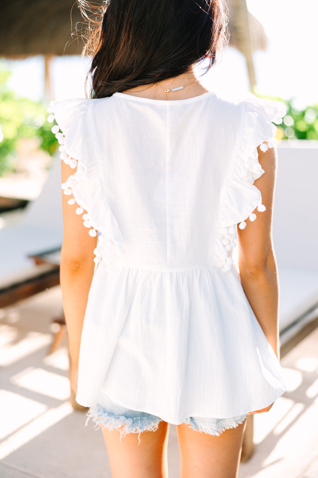 Blouses- Versatile Women's Peplum Blouse: Embroidered Panel & Ruffle Pompom Hem- - Pekosa Women Clothing