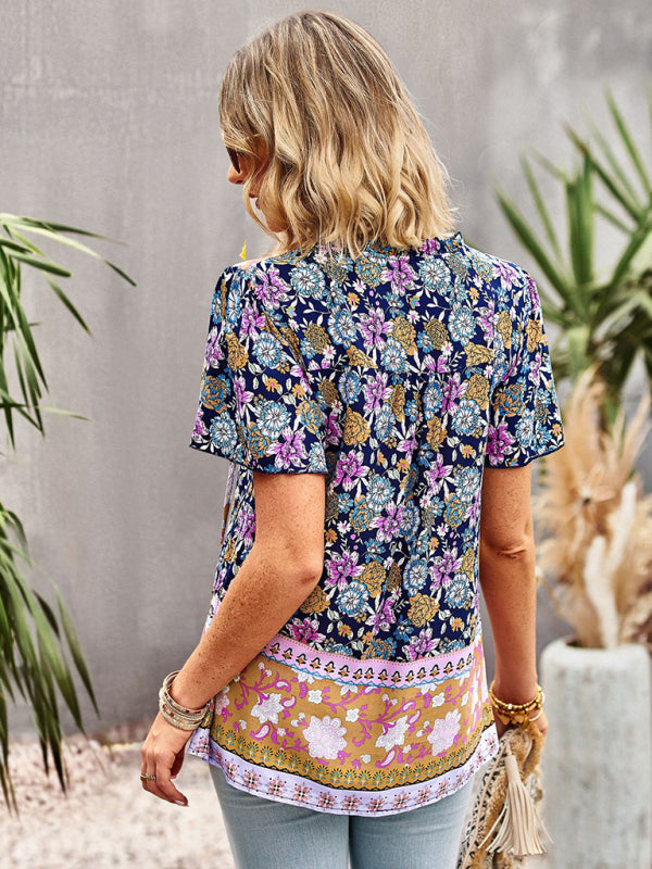 Blouses- Vintage Ruffle V-Neck Blouse - Floral Half Button Down Top- - Pekosa Women Clothing
