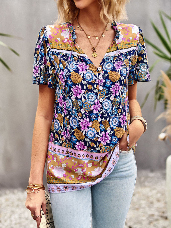 Blouses- Vintage Ruffle V-Neck Blouse - Floral Half Button Down Top- - Pekosa Women Clothing