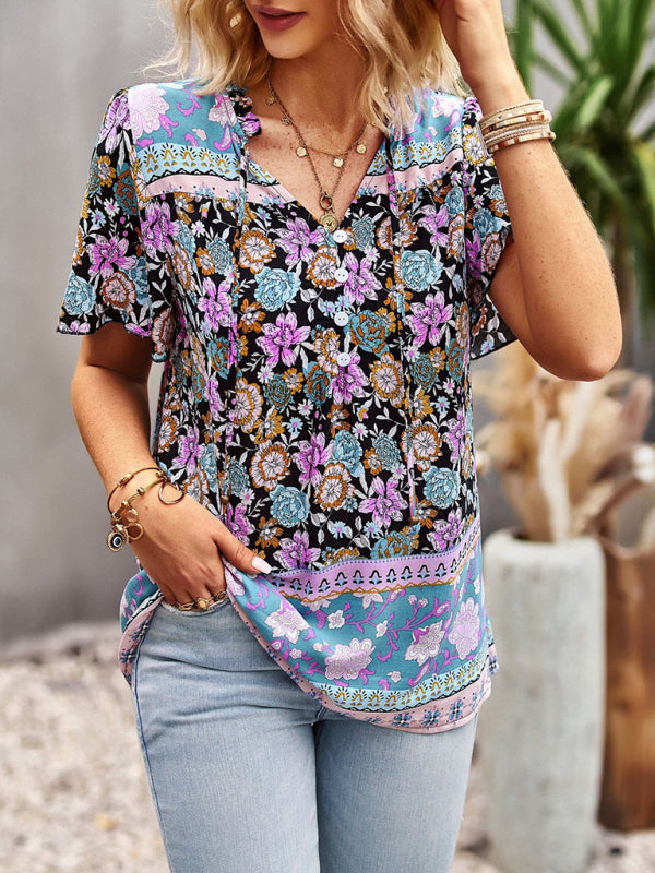 Blouses- Vintage Ruffle V-Neck Blouse - Floral Half Button Down Top- Black- Pekosa Women Clothing