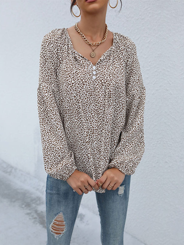 Blouses- Wild Style Alert: Animal Print Lantern Sleeves Blouse - V Neck Top- - Pekosa Women Clothing