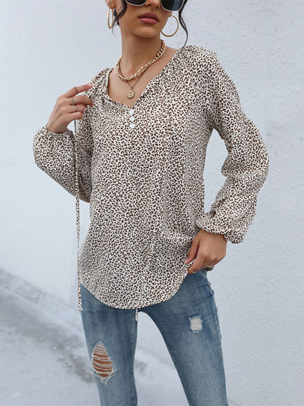 Blouses- Wild Style Alert: Animal Print Lantern Sleeves Blouse - V Neck Top- - Pekosa Women Clothing