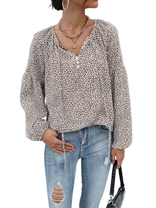 Blouses- Wild Style Alert: Animal Print Lantern Sleeves Blouse - V Neck Top- - Pekosa Women Clothing
