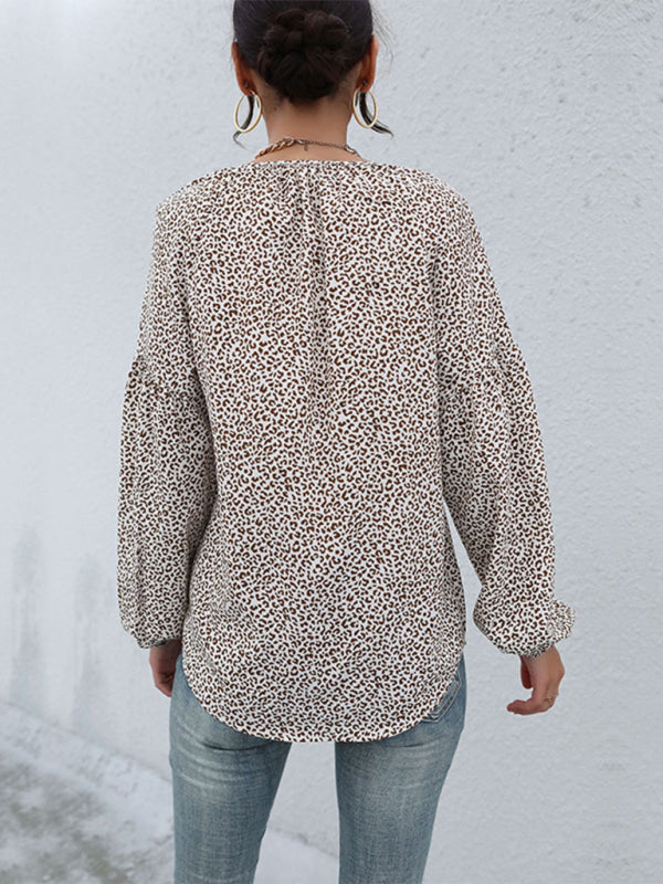Blouses- Wild Style Alert: Animal Print Lantern Sleeves Blouse - V Neck Top- - Pekosa Women Clothing