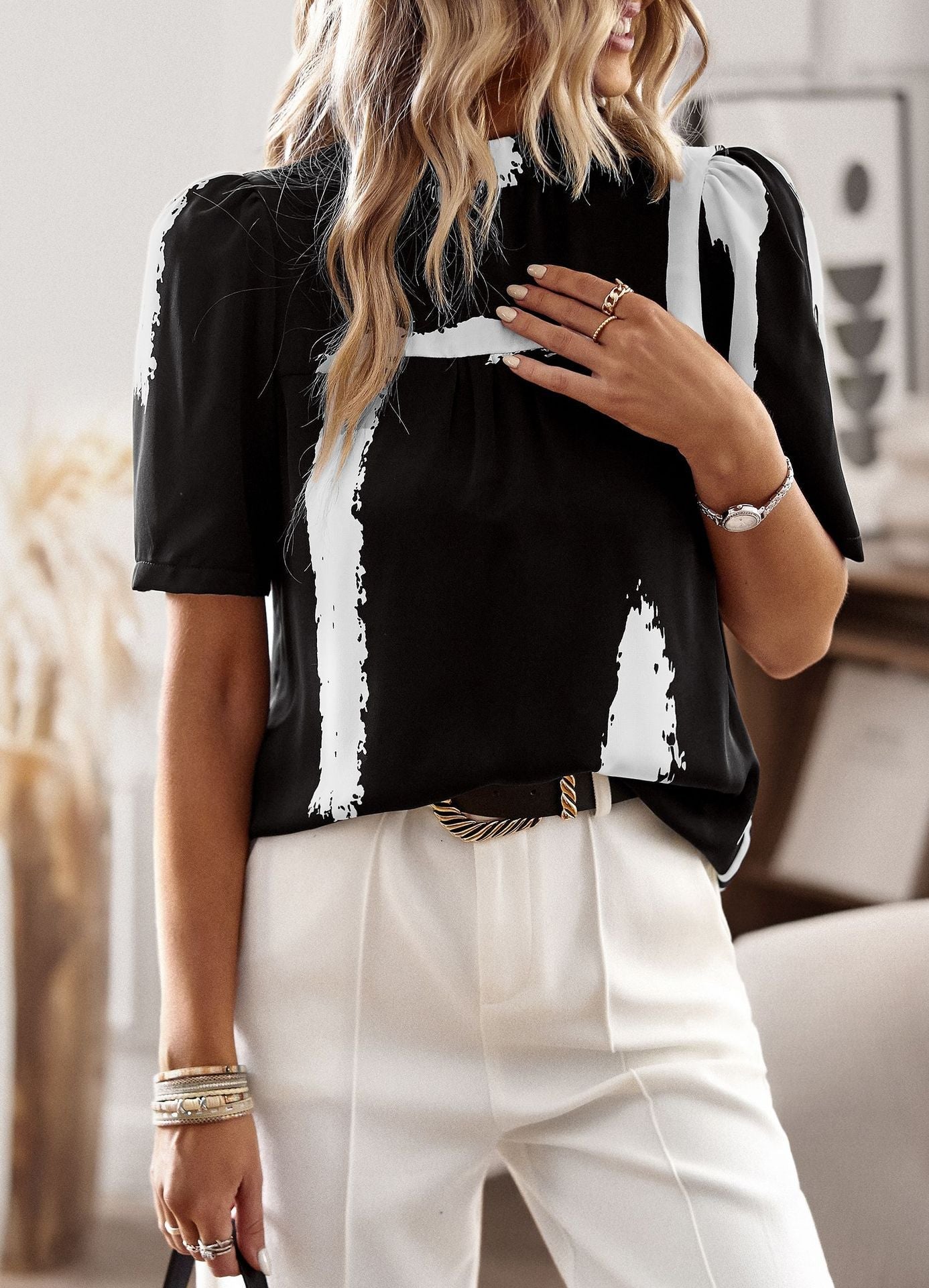 Blouses- Women's Blouse: Bowknot Back & Puff Sleeves - Stand Out in Style- - Pekosa Women Clothing