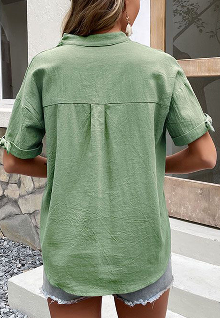 Blouses- Women's Button Down Notch Neck Blouse - Pocketed, Bow Knot Sleeves Top- - Pekosa Women Clothing